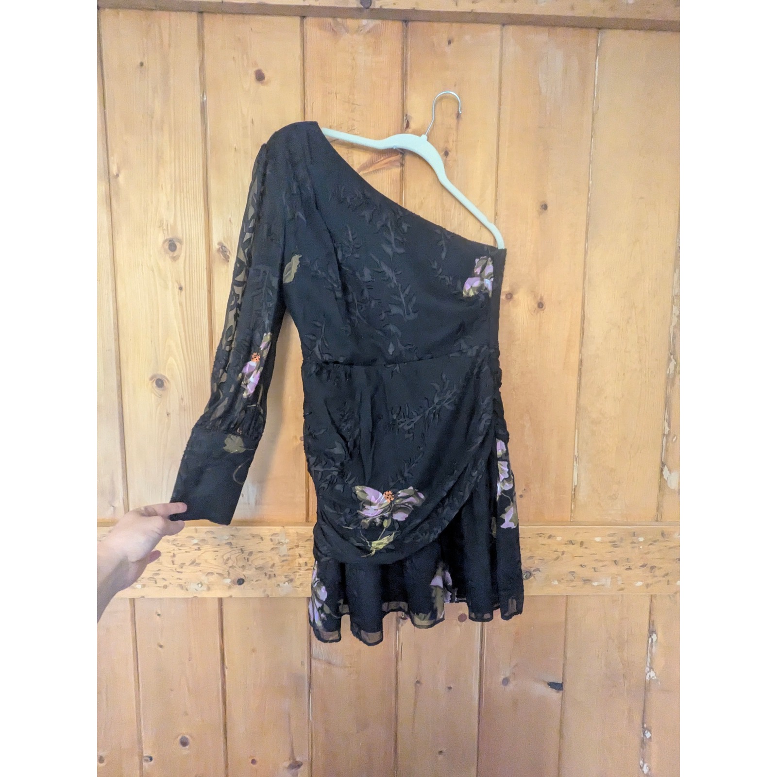 Harlyn One Shoulder Floral Burnout Mini Dress Black Purple Ruched Small